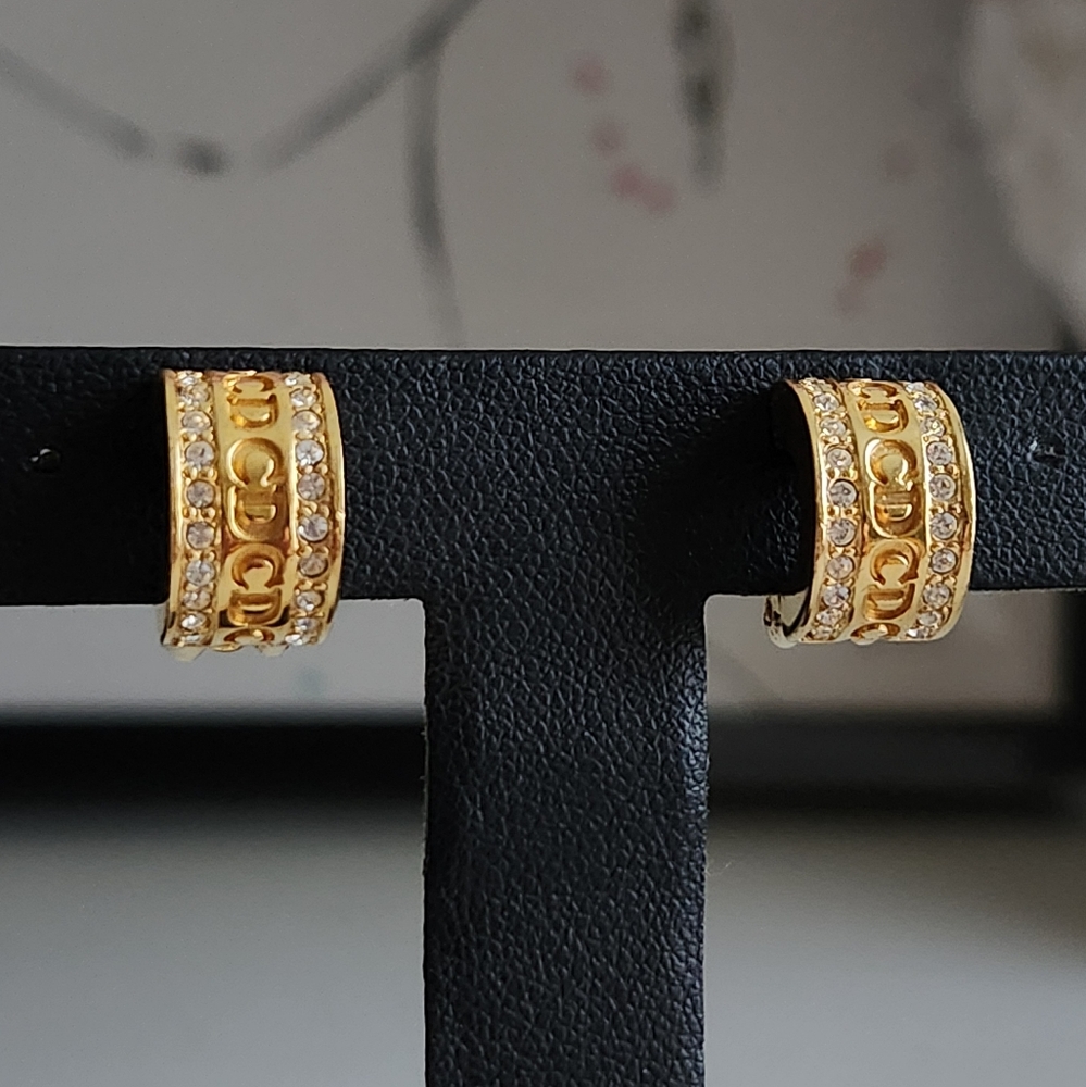 Dior CD Logo Gold Plated Rhinestone Hoop Earrings
